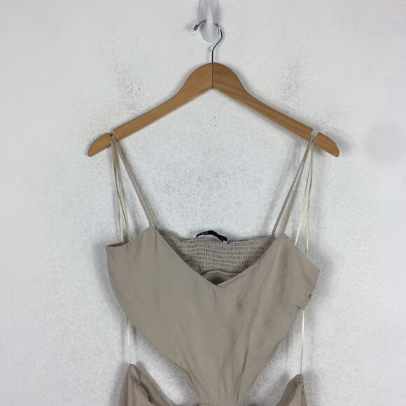 Zara Cream Cut Out Midi Dress Large Smocked Sleeveless Summer Lightweight - Picture 4 of 12